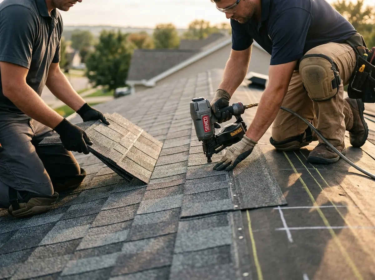 Professional roofer working on a residential roof in Sheboygan